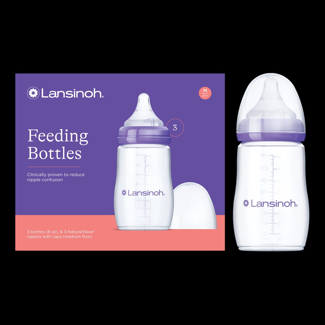 Lansinoh Anti-Colic Baby Bottles, BPA-Free, 8 oz, 3 Count, Medium Flow NaturalWave Nipple