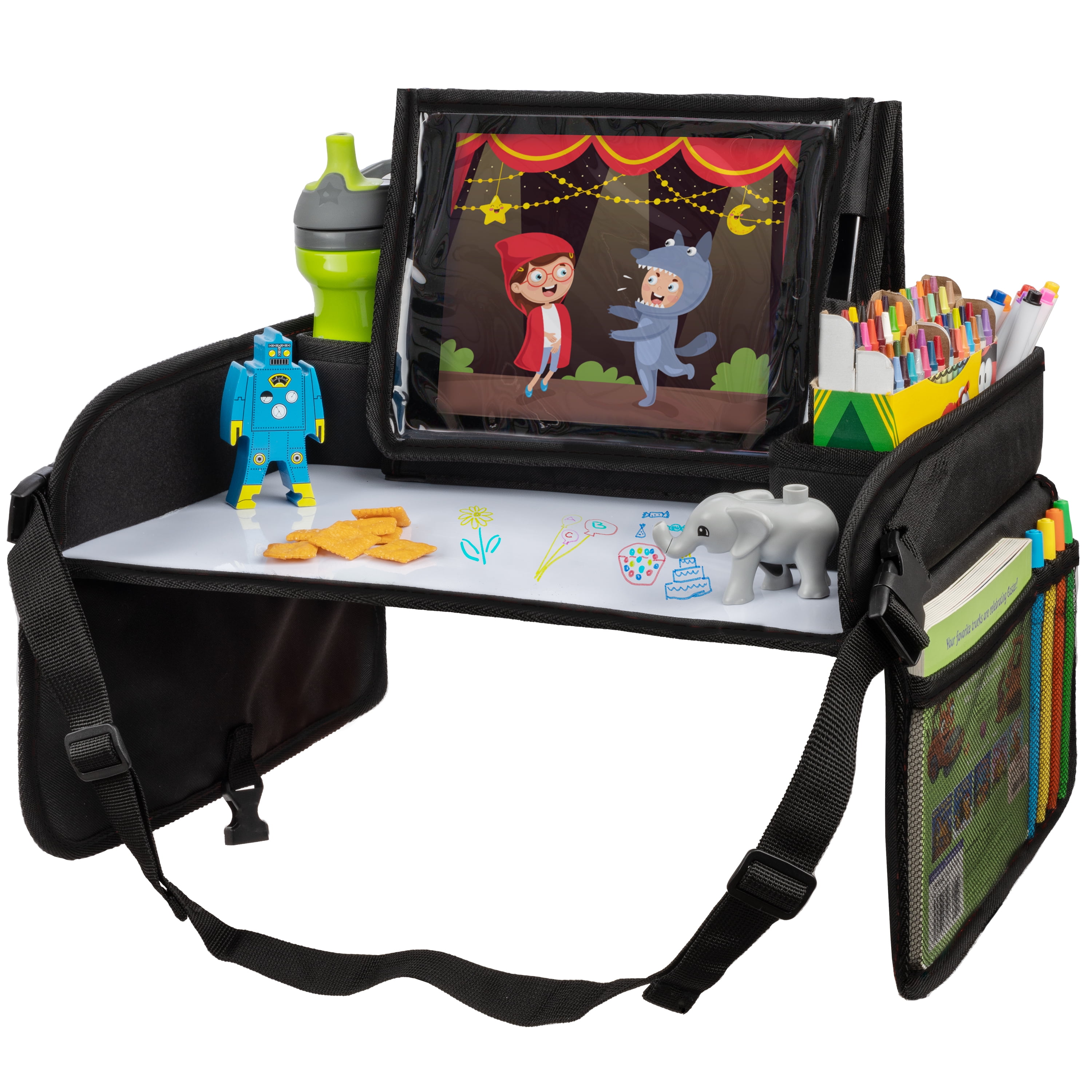Lusso Gear Airplane Tray Table Cover with Snack & Toy Pockets, Foldable Tablet Stand