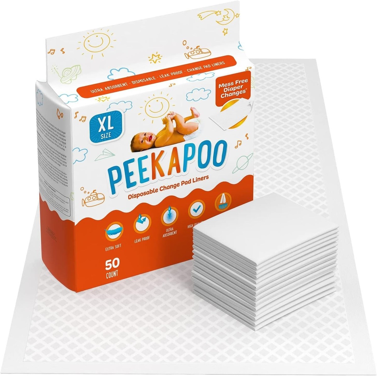 Peekapoo Disposable Baby Changing Pad Liners, 50 Pack, Waterproof Ultra Absorbent