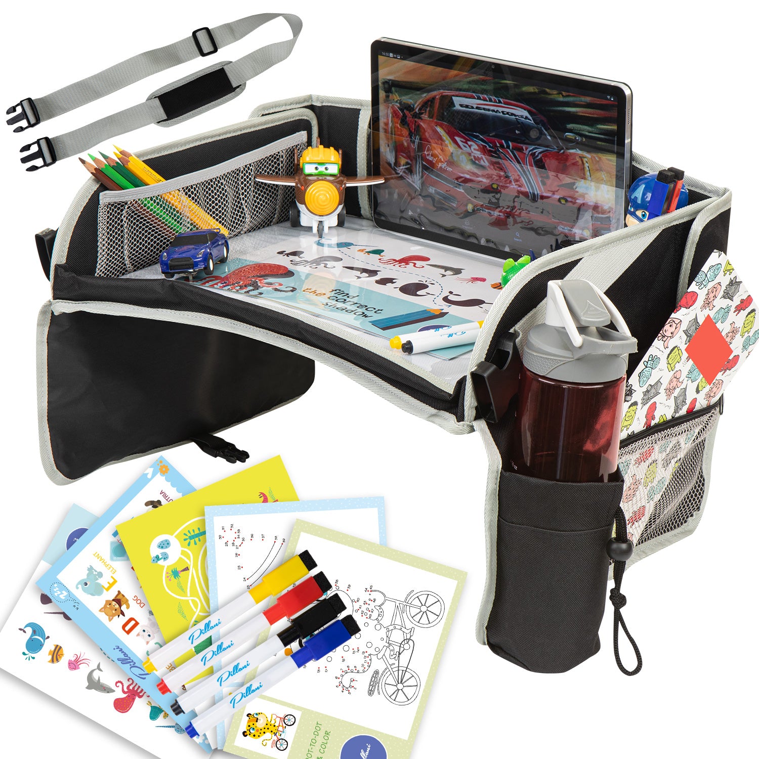 PILLANI Kids Travel Tray for Car with Activity Sheets & Pens, Toddler Lap Desk